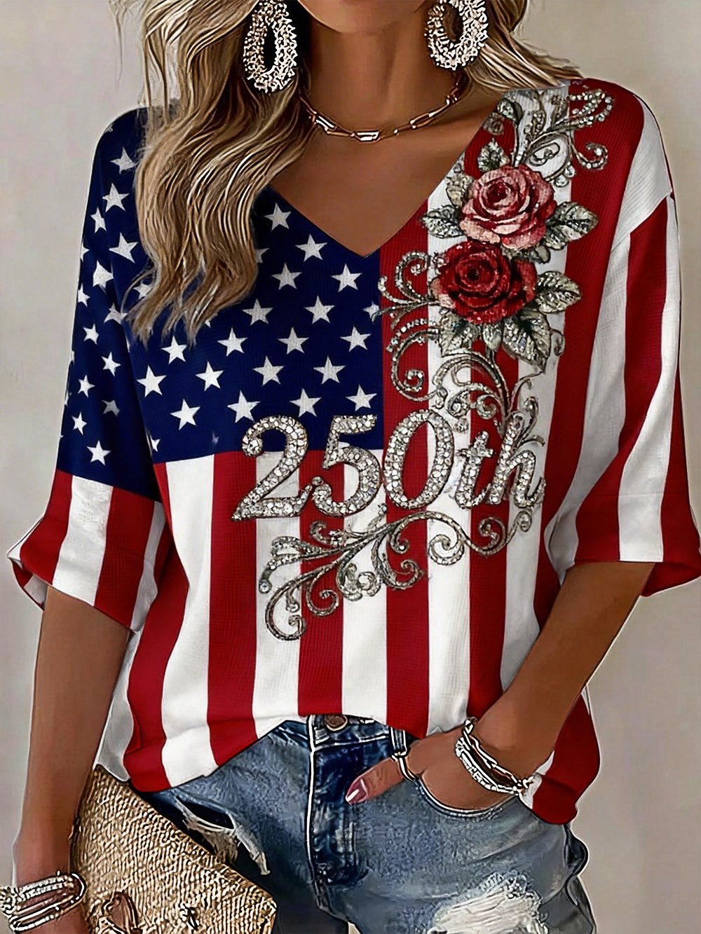 Women's U.S. 250th Anniversary Printed Waffle-Knit Short-Sleeve T-Shirt-America250