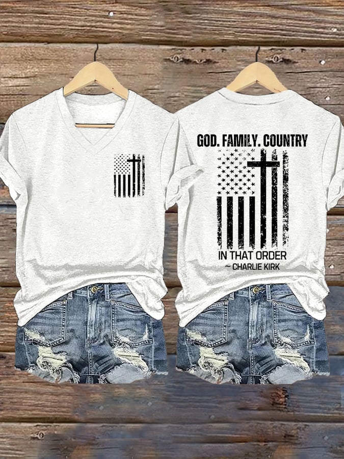 Women's God Family Country In That Order Print V Neck T-shirt-America250