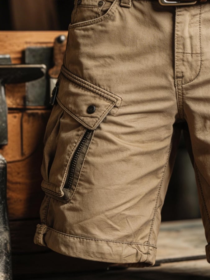 Men's Retro Outdoor Washed & Distressed Multi-Pocket Functional Cargo Shorts-America250