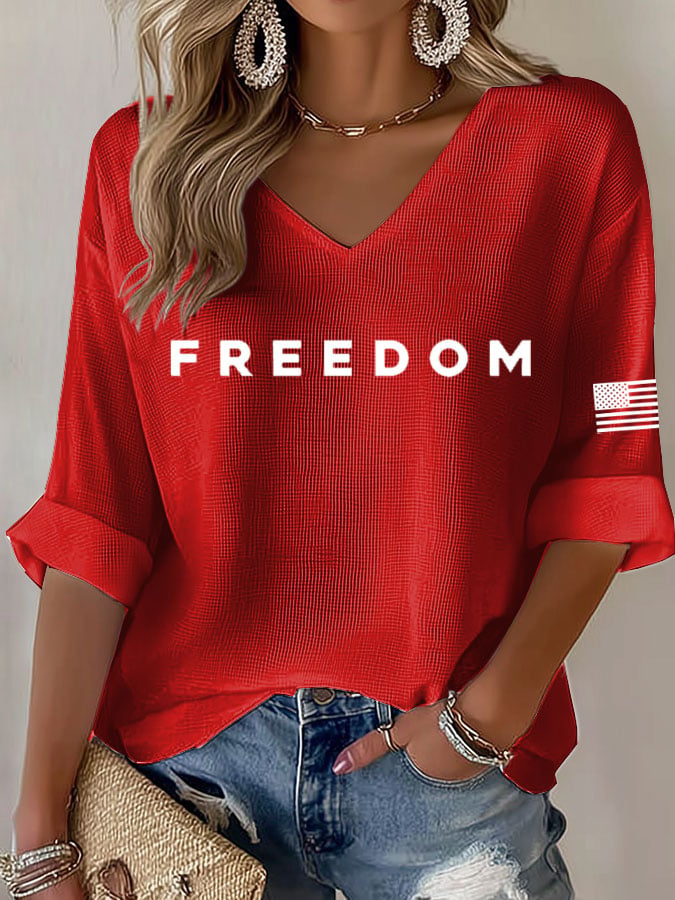 Women's Freedom Print Waffle Long Sleeve T-Shirt-America250