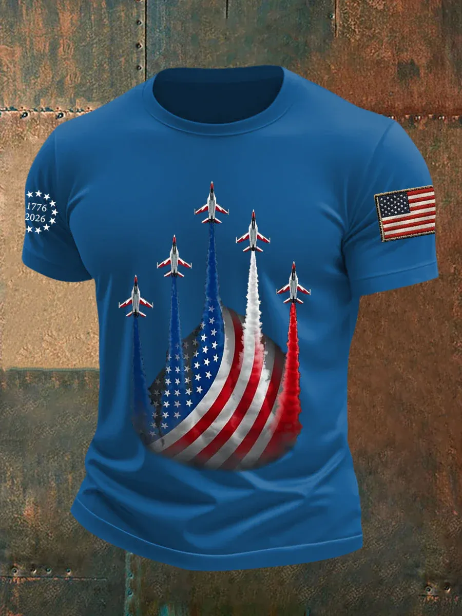 Men's Independence Day American Flag Jet Planes Print Casual Tee-America250