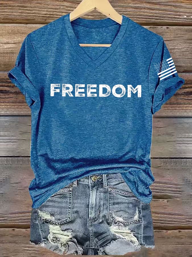 Women's freedom Print V-Neck T-Shirt-America250