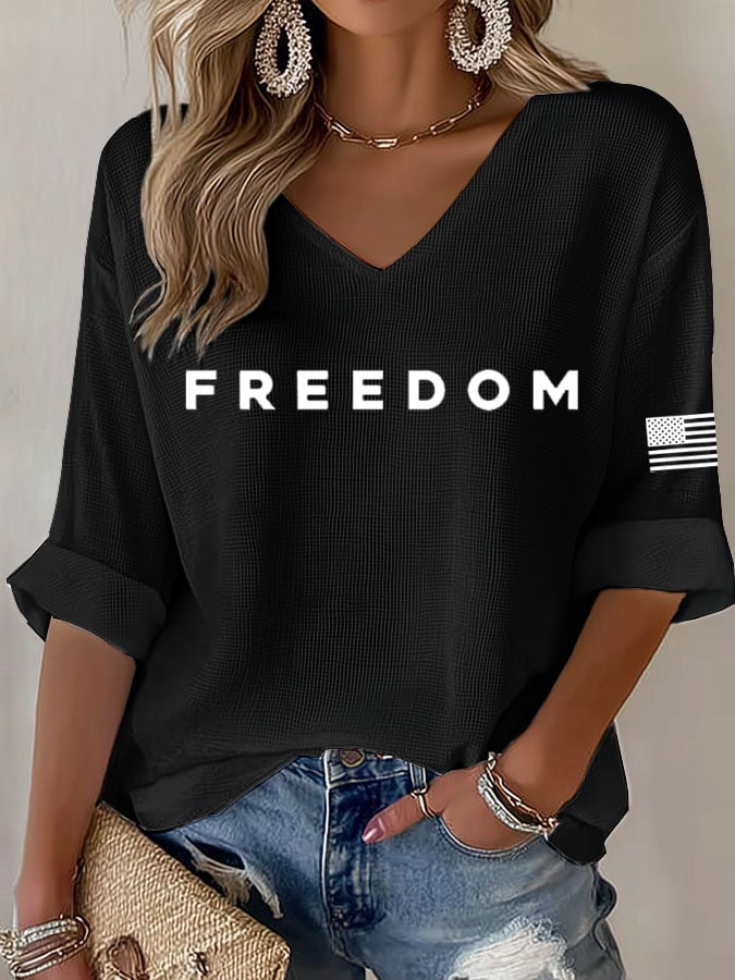 Women's Freedom Print Waffle Long Sleeve T-Shirt-America250