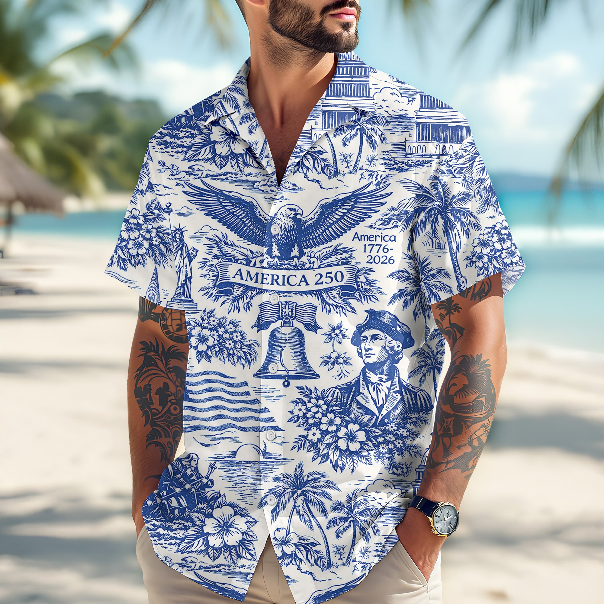America 250th Anniversary Toile De Jouy Style Patriotic Hawaii Shirt