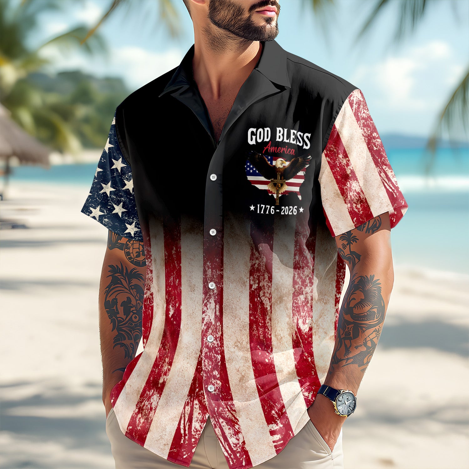 Patriotic 250th Anniversary God Bless America Eagle 1776–2026 Hawaii Shirt-America250