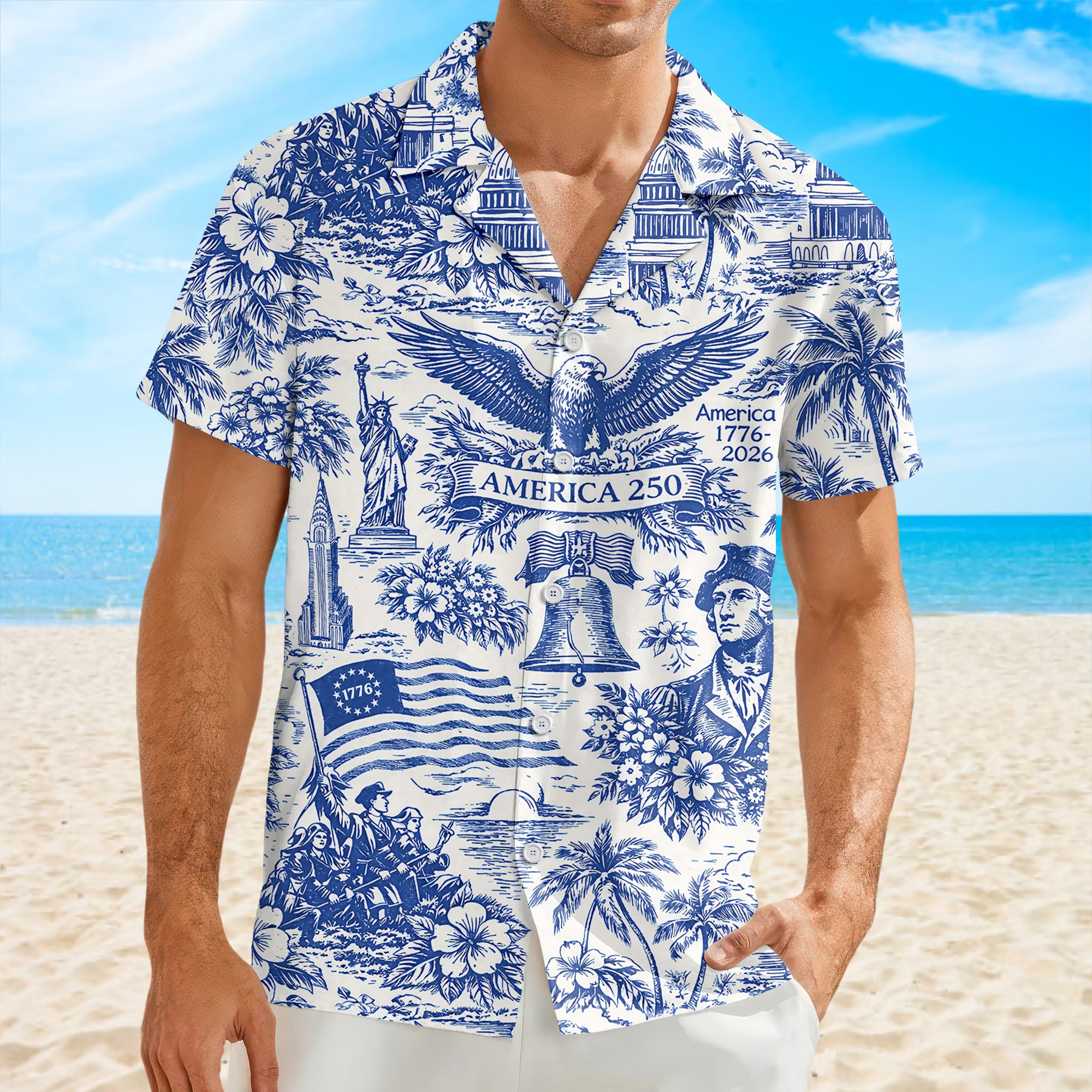 America 250th Anniversary Toile De Jouy Style Patriotic Hawaii Shirt