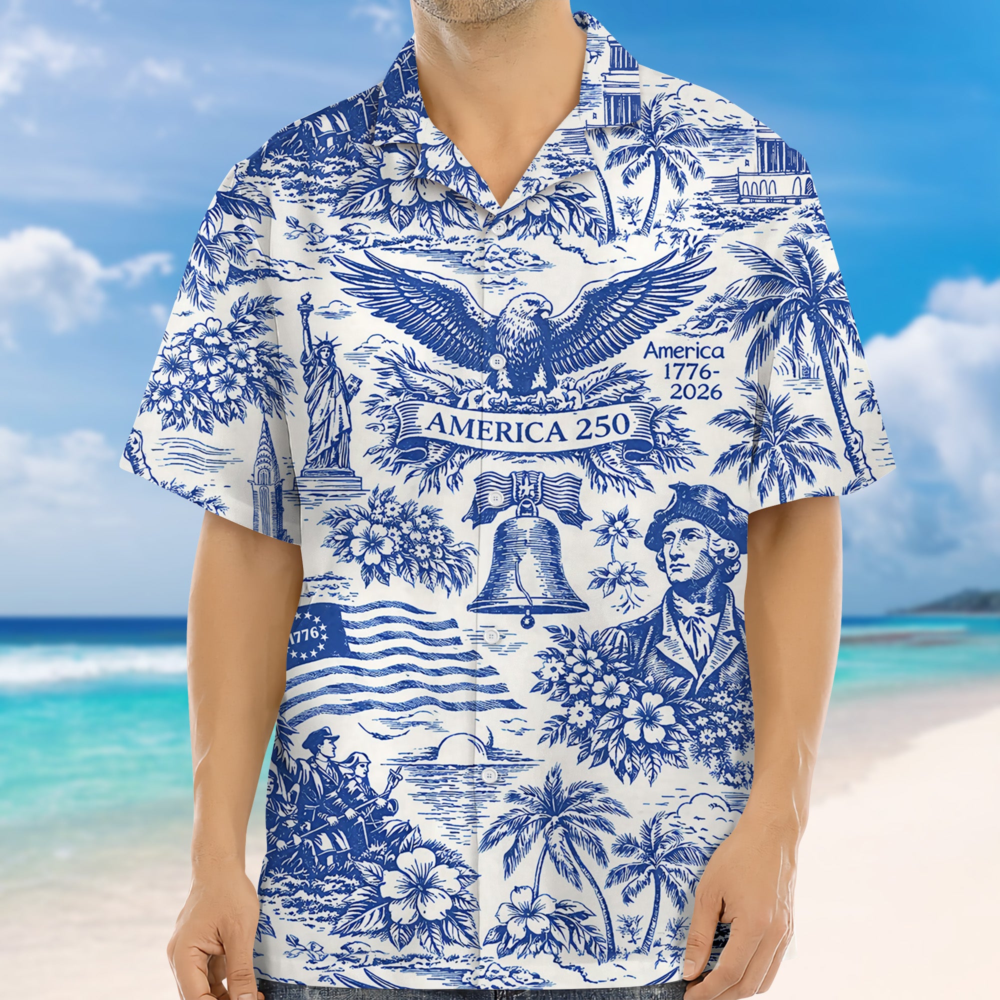 America 250th Anniversary Toile De Jouy Style Patriotic Hawaii Shirt