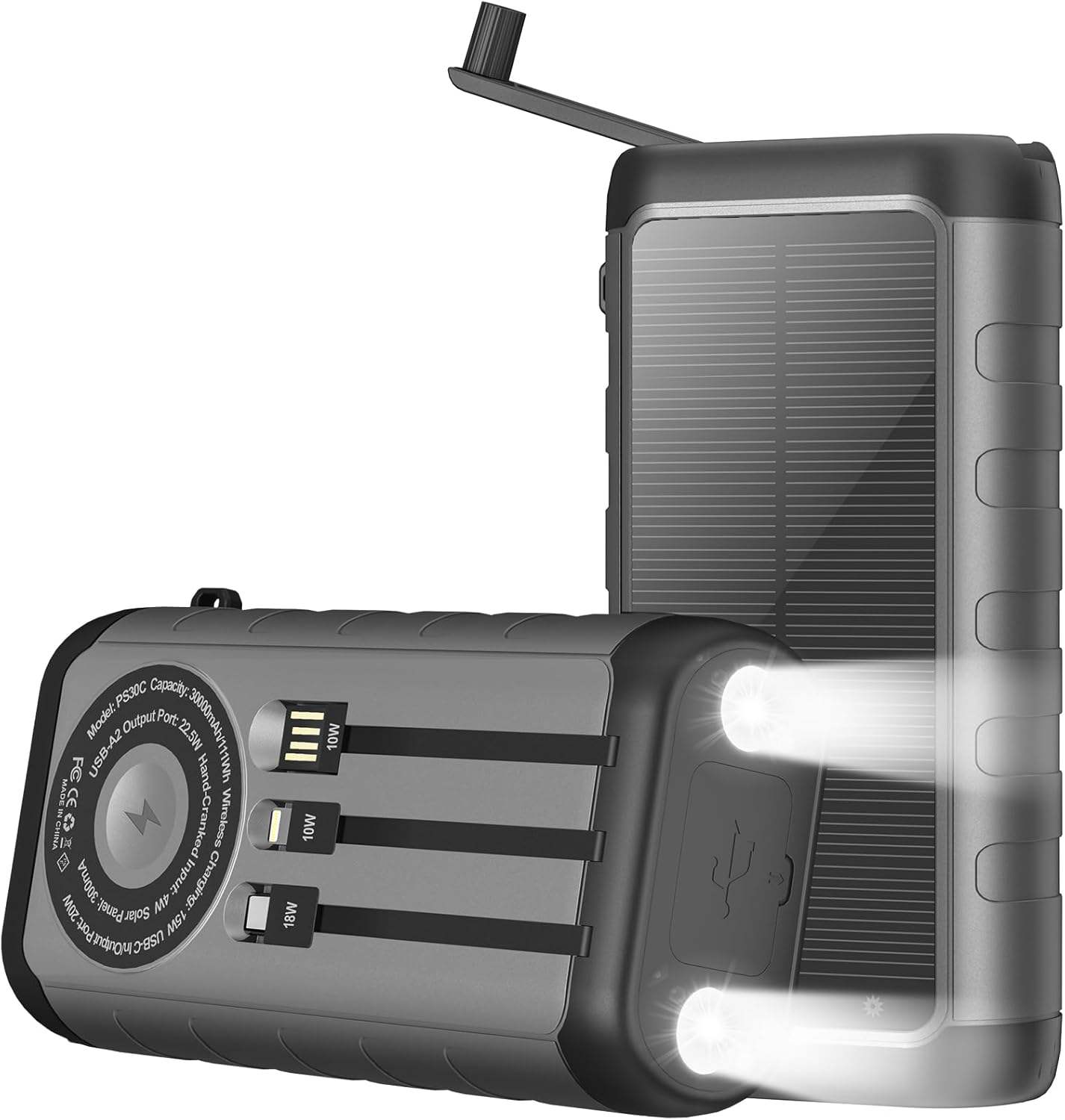 2025 New Hand Crank 30000mAh Magnetic Wireless Charging 18W 20W Super Fast Charge Built in 3 Cables Solar Power Bank-quacoa