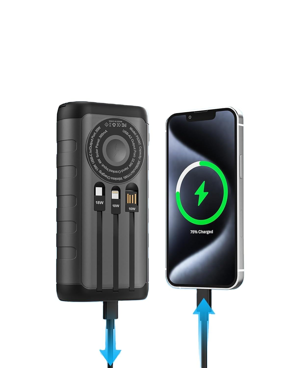 High Capacity 30000 MAH Solar Power Bank 20W PD Fast Charge Magnetic Wireless Built in 3 Cables Hand Crank Solar Panel Charger-quacoa