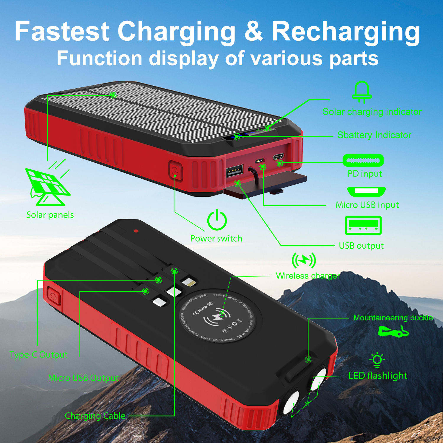 High Capacity 30000mAh Solar Charging Power Bank With Camping Light Waterproof Solar Charger Power Bank for Outdoor Emergency