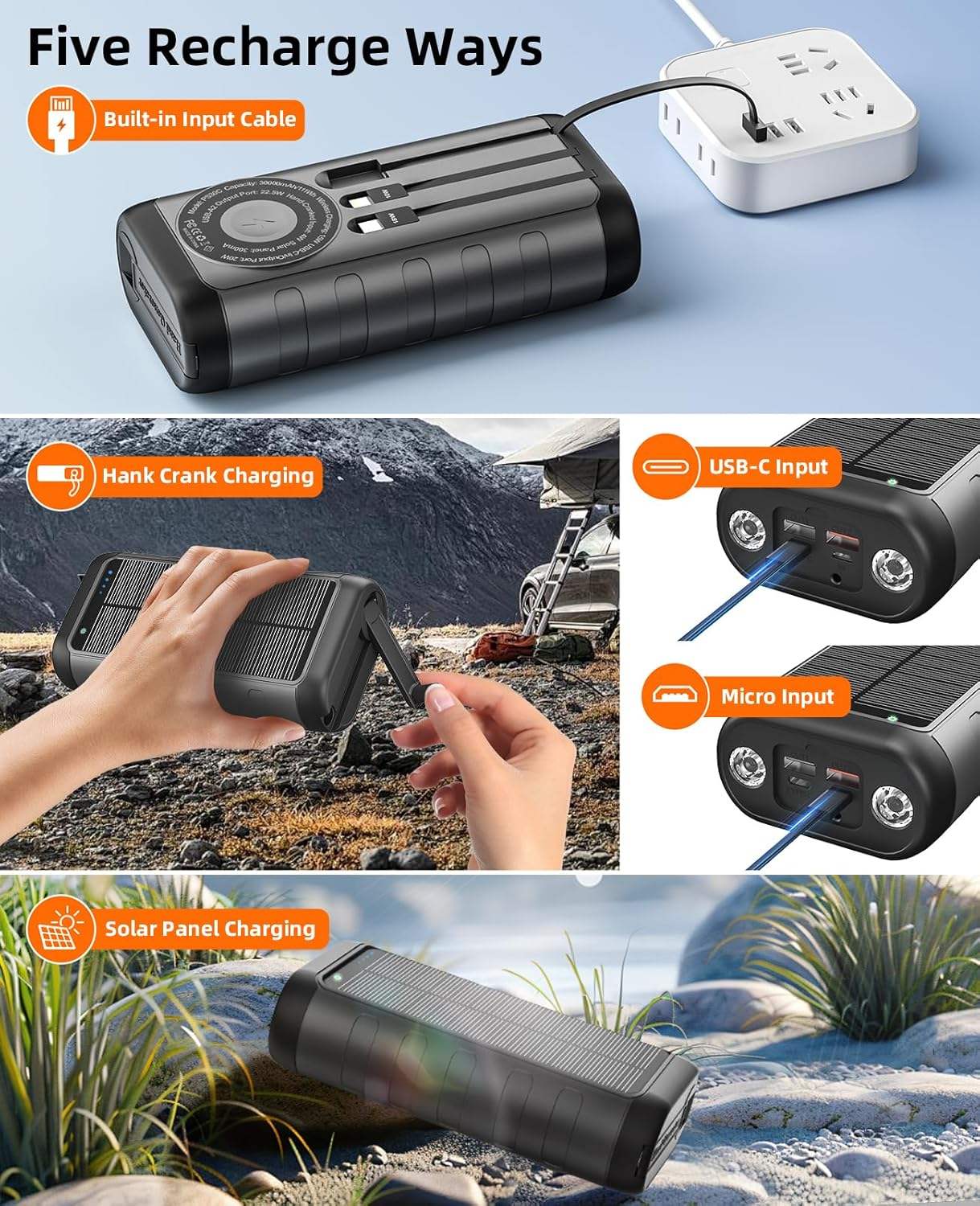 High Capacity 30000 MAH Solar Power Bank 20W PD Fast Charge Magnetic Wireless Built in 3 Cables Hand Crank Solar Panel Charger-quacoa