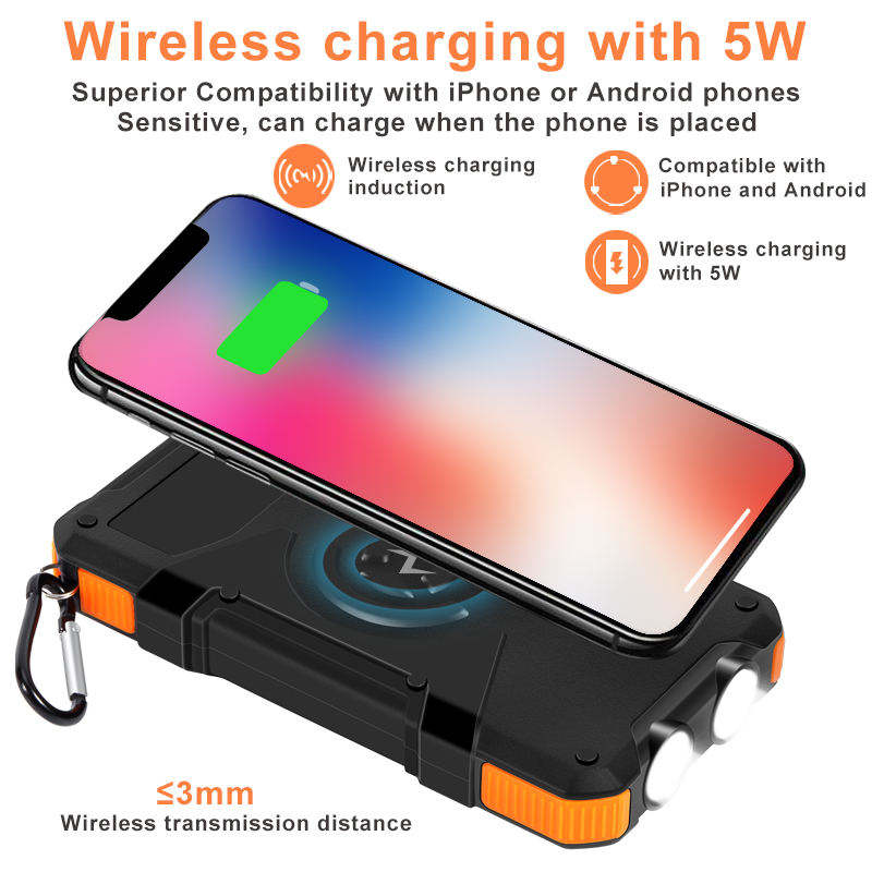 Dual LED Portable Wireless Solar Power Bank 20000mAh Waterproof 18W Fast Charging 