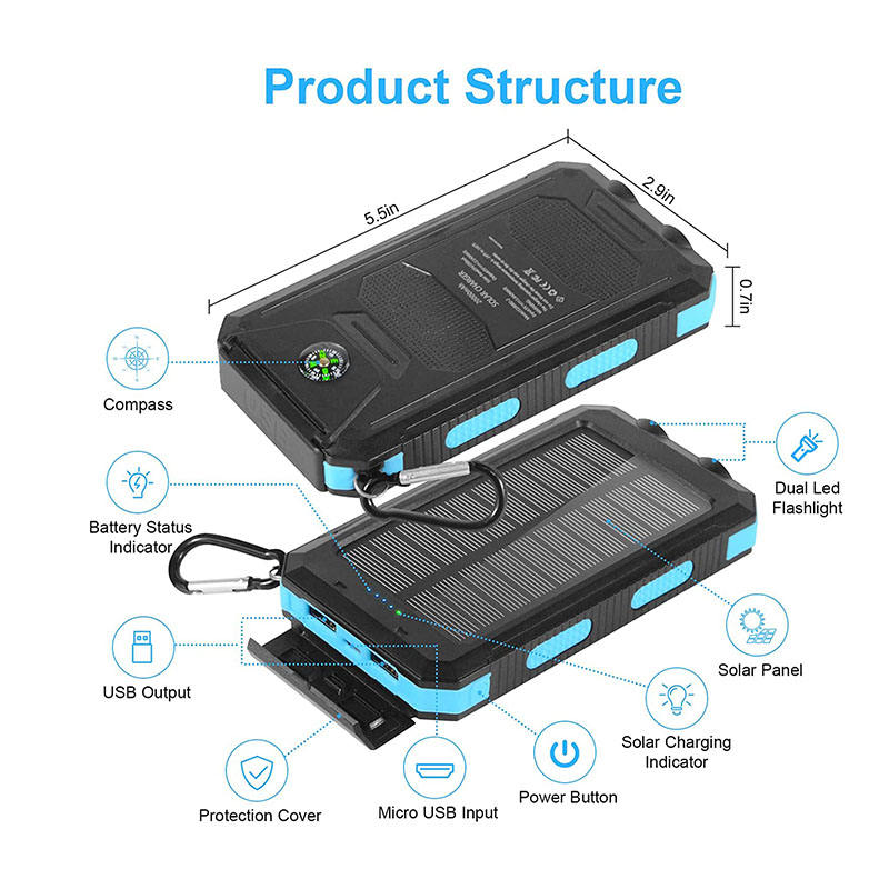 Waterproof Outdoor Solar Power Bank 20000mAh Dual USB Travel Outdoor Solar Mobile Phone Charger Solar Powerbanks for Camping-quacoa