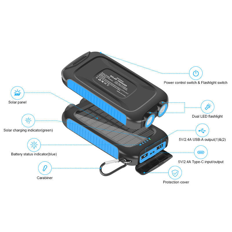 2026 New Factory Directly Wholesale Dual Usb Solar Power Bank 20000mAh Led Flashlight Battery Charger Solar Cell Phone Charger-quacoa
