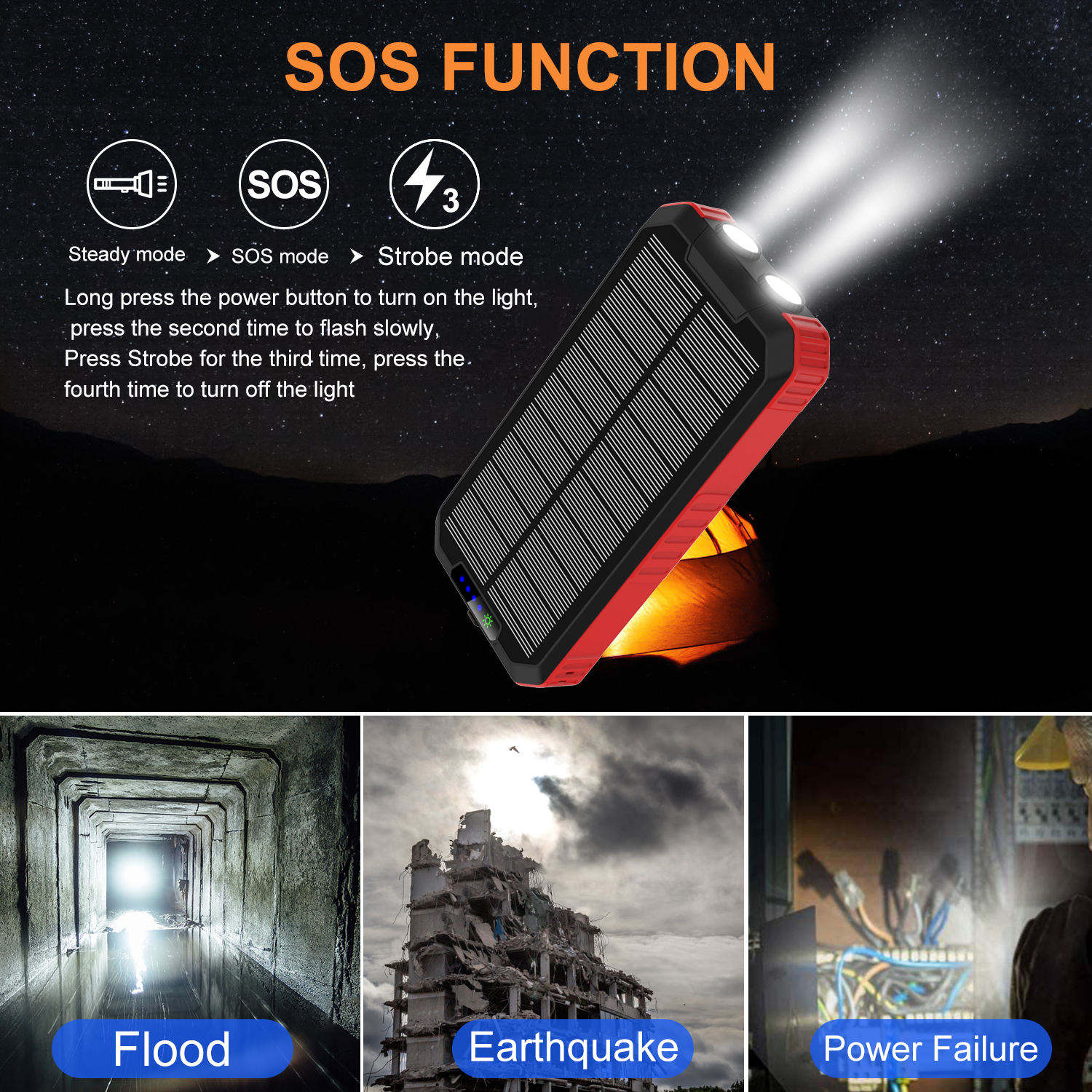 High Capacity 30000mAh Solar Charging Power Bank With Camping Light Waterproof Solar Charger Power Bank for Outdoor Emergency