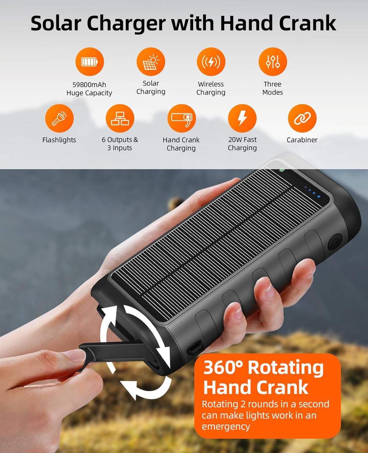 High Capacity 30000 MAH Solar Power Bank 20W PD Fast Charge Magnetic Wireless Built in 3 Cables Hand Crank Solar Panel Charger-quacoa