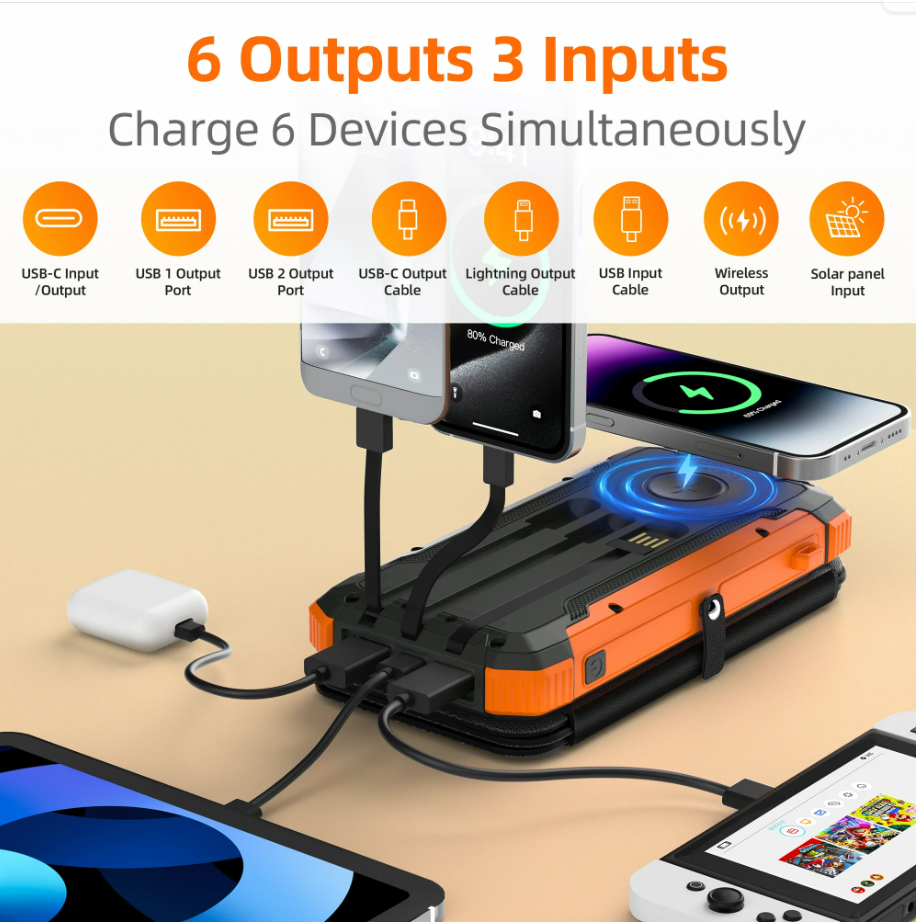 New Promotion IP68 Waterproof Wireless Solar Power Bank 30000mAh Portable Solar Phone Charger for Outdoor Travel-quacoa