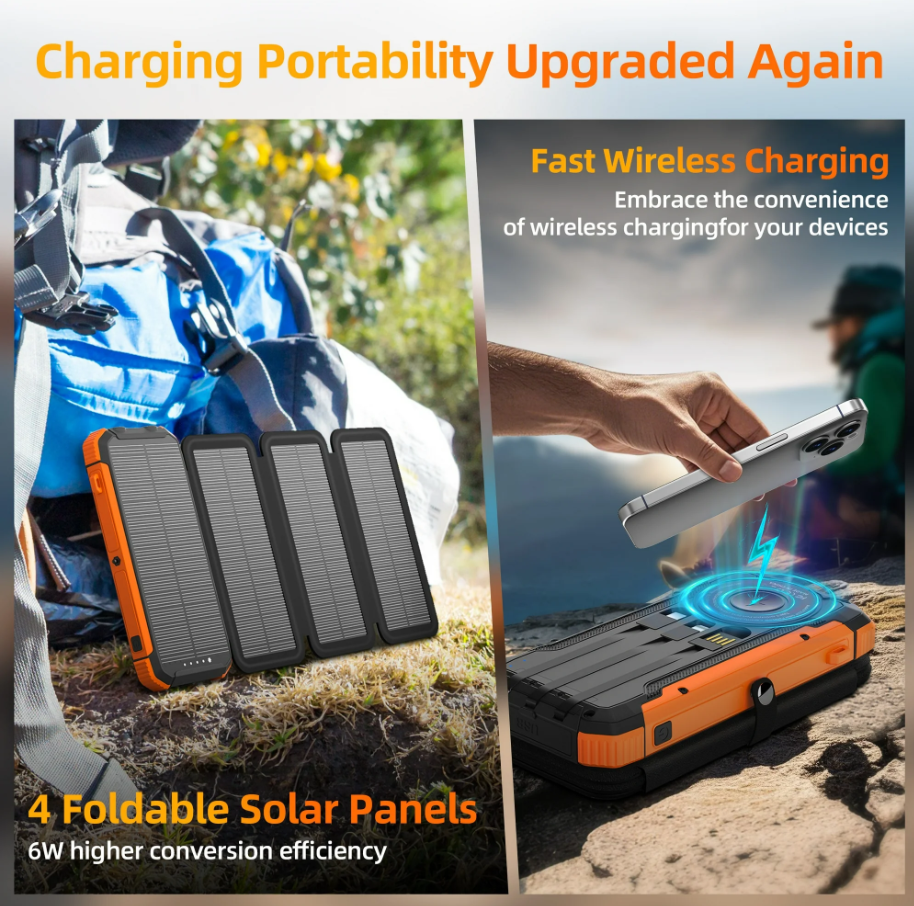 New Promotion IP68 Waterproof Wireless Solar Power Bank 30000mAh Portable Solar Phone Charger for Outdoor Travel-quacoa