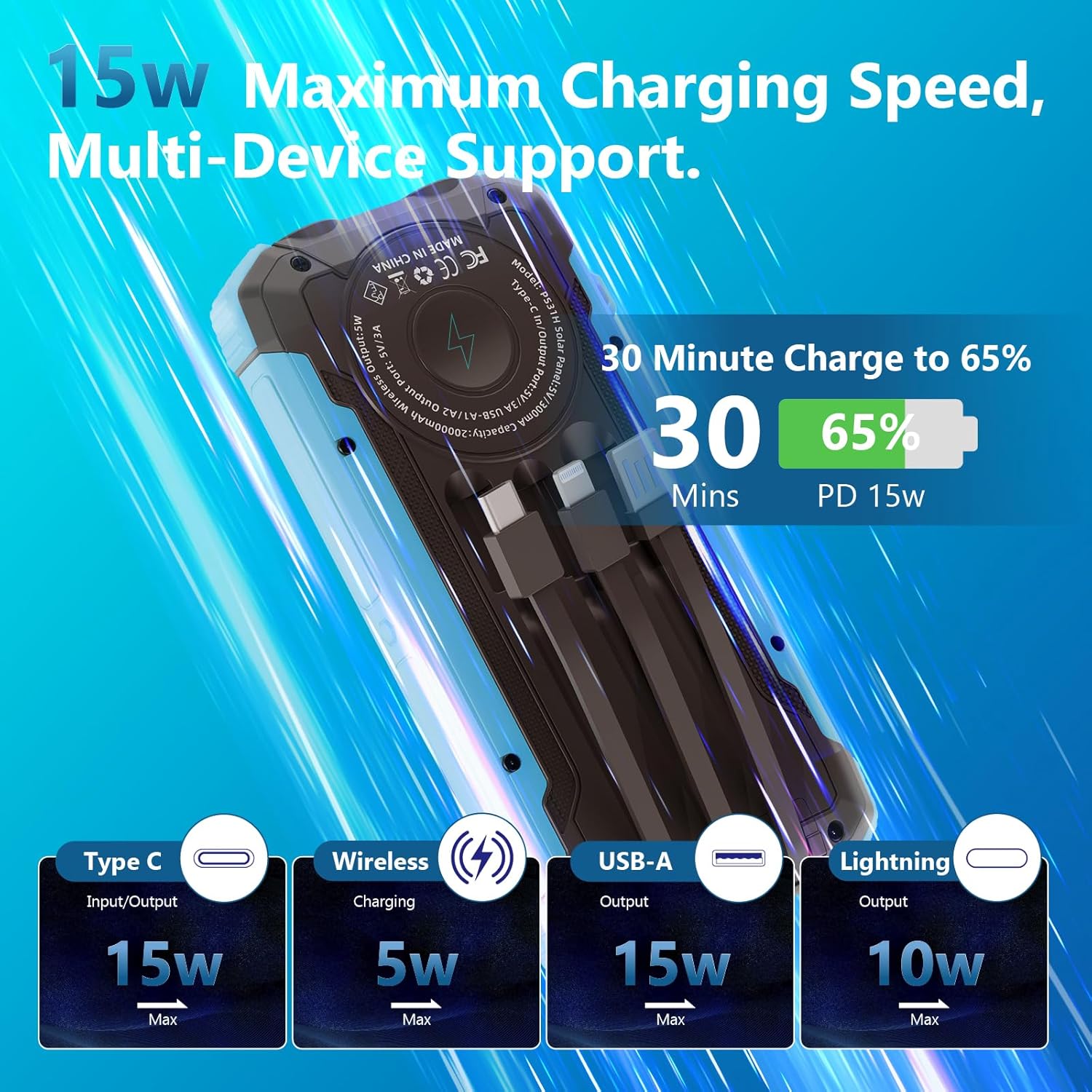 New Promotion IP68 Waterproof Wireless Solar Power Bank 30000mAh Portable Solar Phone Charger for Outdoor Travel-quacoa