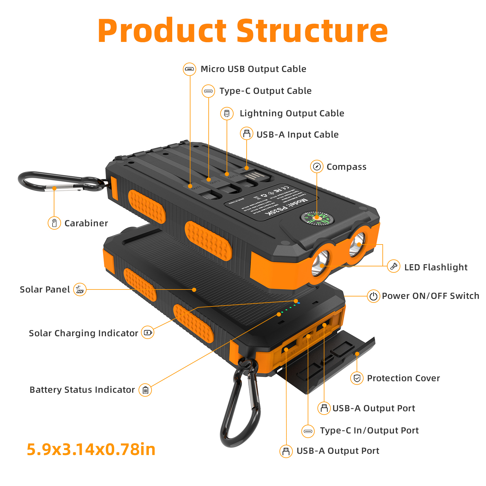 Solar Power Banks PS35K - 10000mAh with Built-in 4 Cables for Ultimate Portability