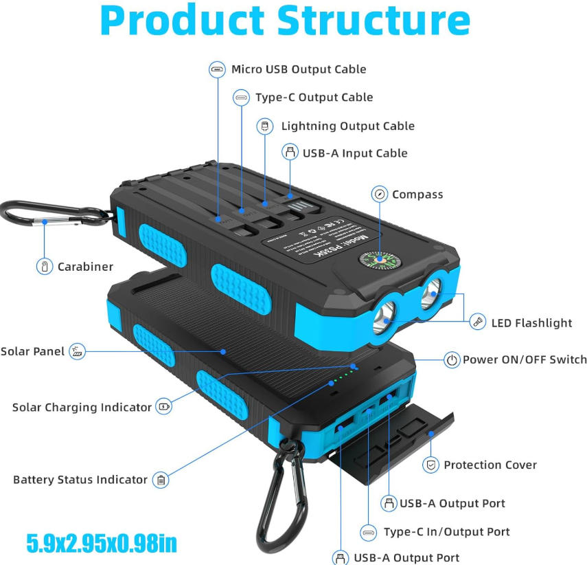 Solar Power Banks PS35K  Builtin 4 cables 10000mAh