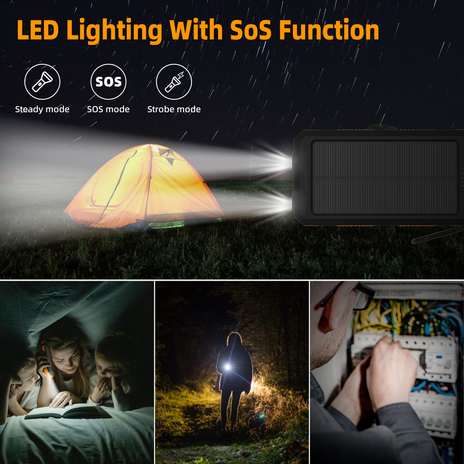 Solar Power Banks PS35K - 10000mAh with Built-in 4 Cables for Ultimate Portability