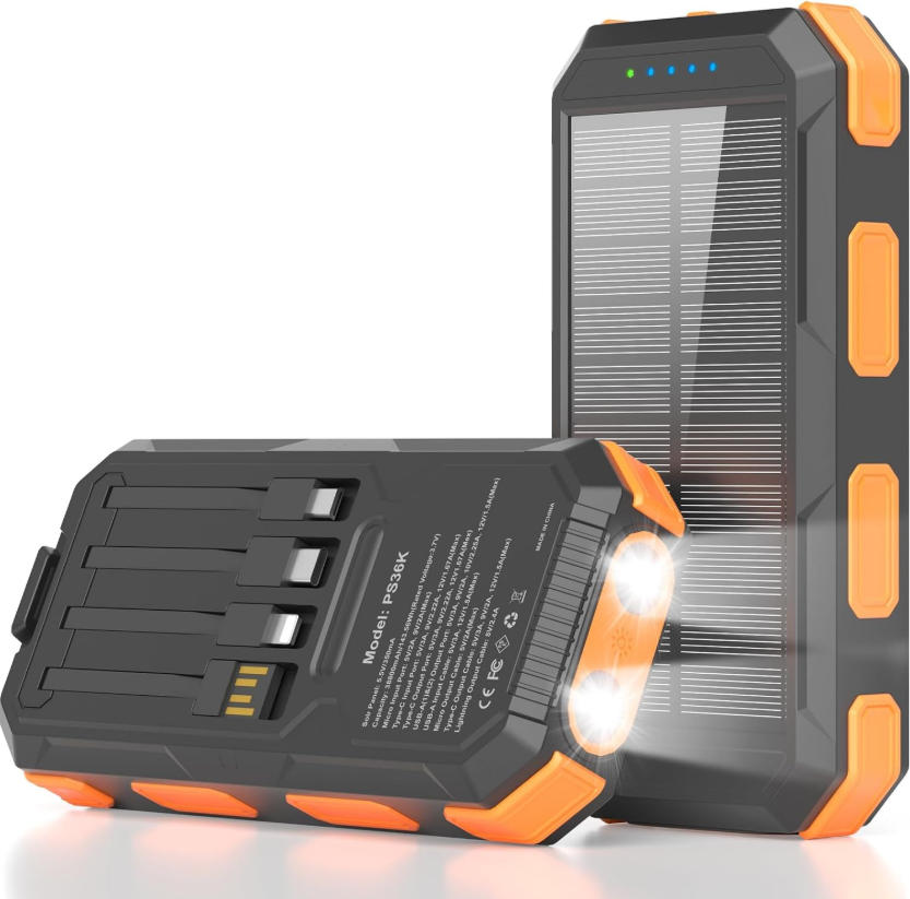 Solar Power Banks - PS36K with Built-in 4 Cables and 20000mAh Capacity