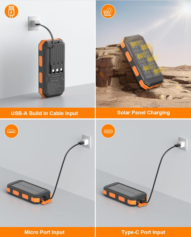 Solar Power Banks - PS36K with Built-in 4 Cables and 20000mAh Capacity