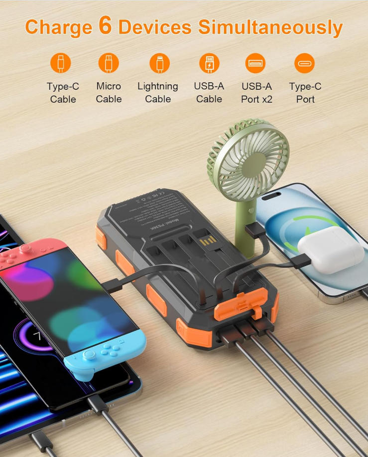 Solar Power Banks - PS36K with Built-in 4 Cables and 20000mAh Capacity