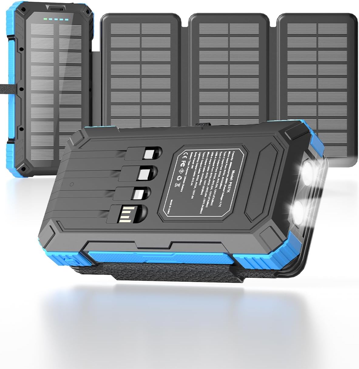 Solar Panels with Power Bank PS37K - Foldable 4 Panels 8W 20000mAh with Built-in 4 Cables