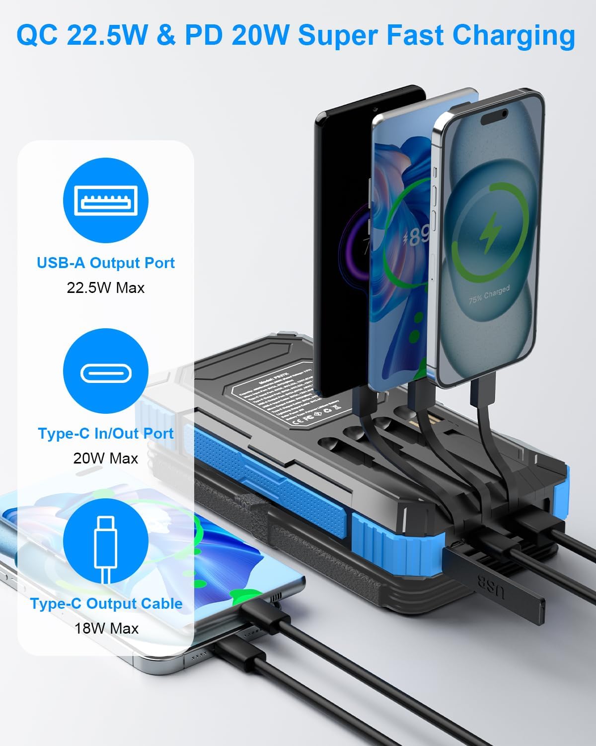 Solar Panels with Power Bank PS37K - Foldable 4 Panels 8W 20000mAh with Built-in 4 Cables