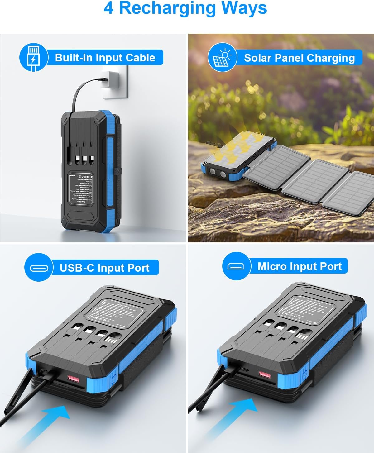 Solar Panels with Power Bank PS37K - Foldable 4 Panels 8W 20000mAh with Built-in 4 Cables
