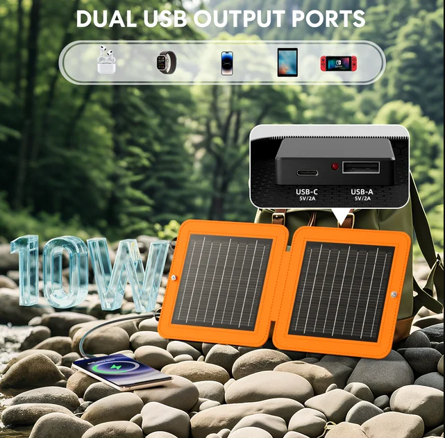 Solar Panels, 10W Small Solar Charger with 5V USB-A and USB-C Fast Charging IPX5 Waterproof Foldable Portable Solar Panel for Camping, Hiking Compatible with iPhone, iPad, Power Banks-quacoa
