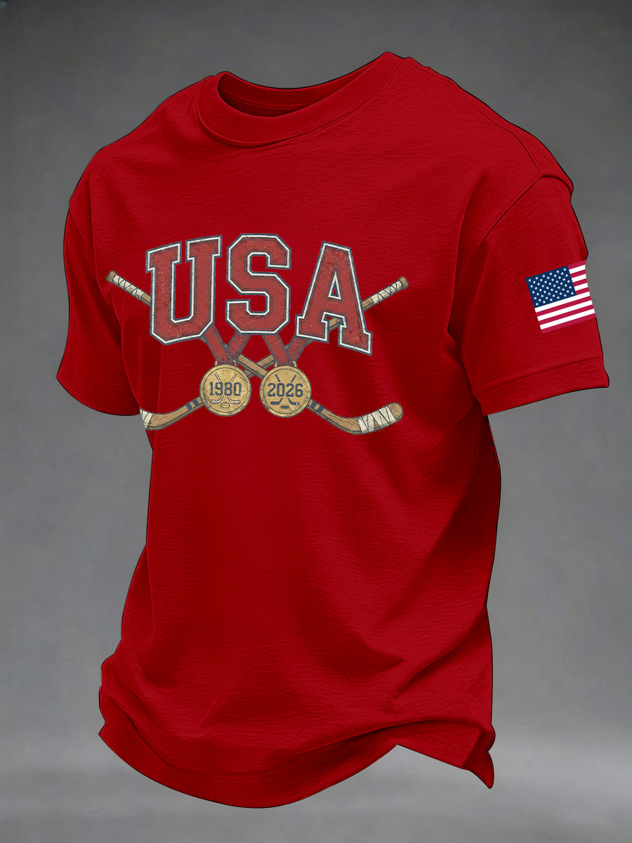 Men's American Hockey Print Casual T-Shirt