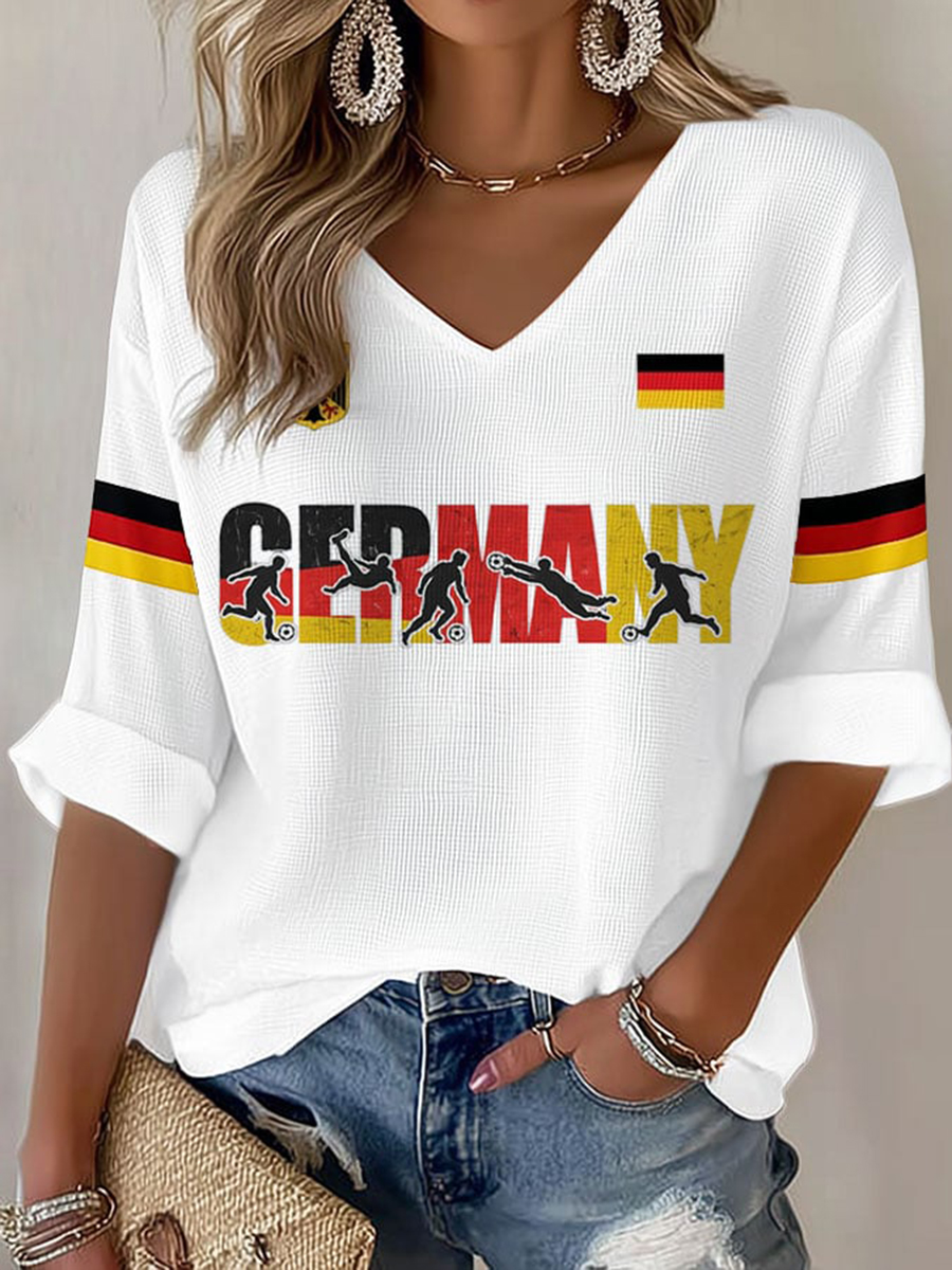 2026 World Cup-Women's Germany Football Fan Print Waffle T-shirt