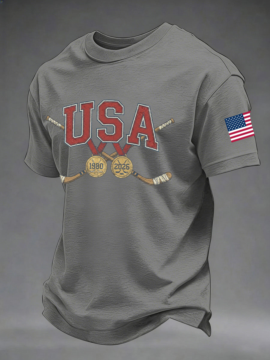 Men's American Hockey Print Casual T-Shirt