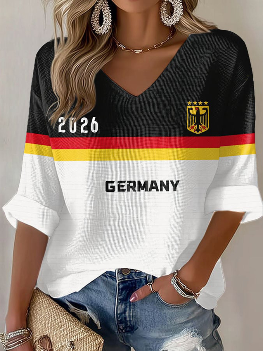 2026 World Cup-Women's Germany Football Fan Print Waffle T-shirt