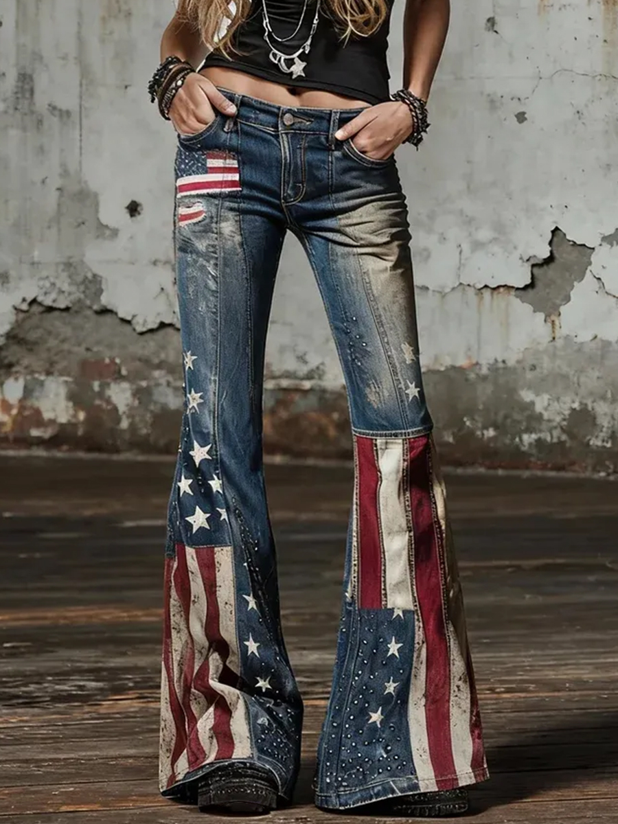 2026 World Cup-Women's American Flag Patchwork Vintage Jeans