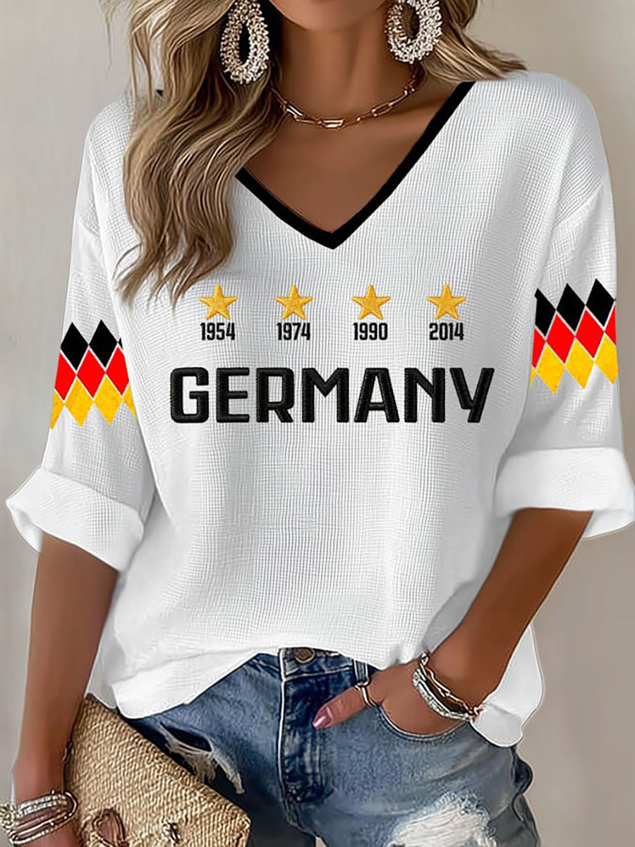 2026 World Cup-Women's Germany Football Fan Print Waffle T-shirt