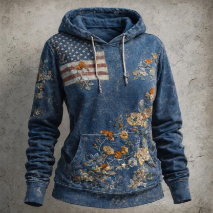 🏆Vintage Denim Embroidered Hoodie💖US 250th Anniversary Edgy Casual Sweatshirt