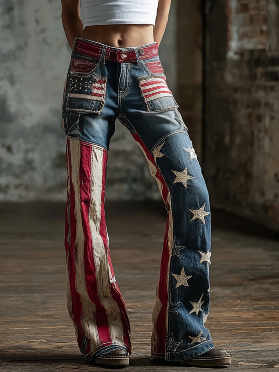 2026 World Cup-Women's American Flag Patchwork Vintage Jeans