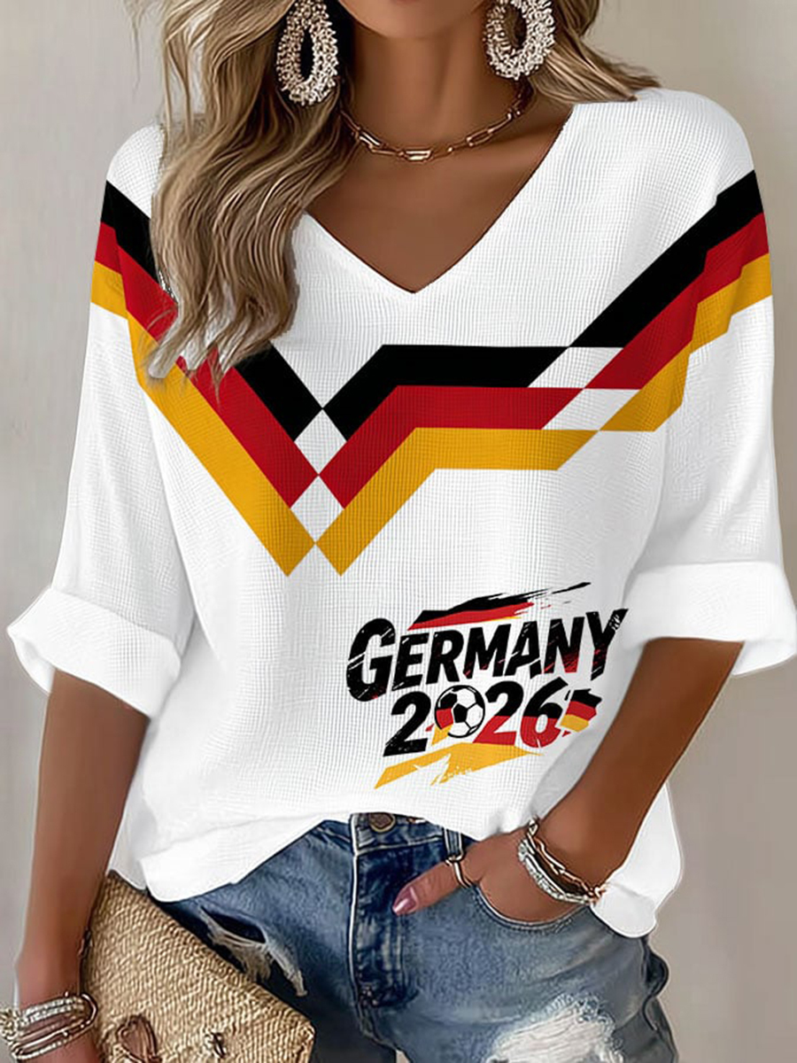 2026 World Cup-Women's Germany Football Fan Print Waffle T-shirt