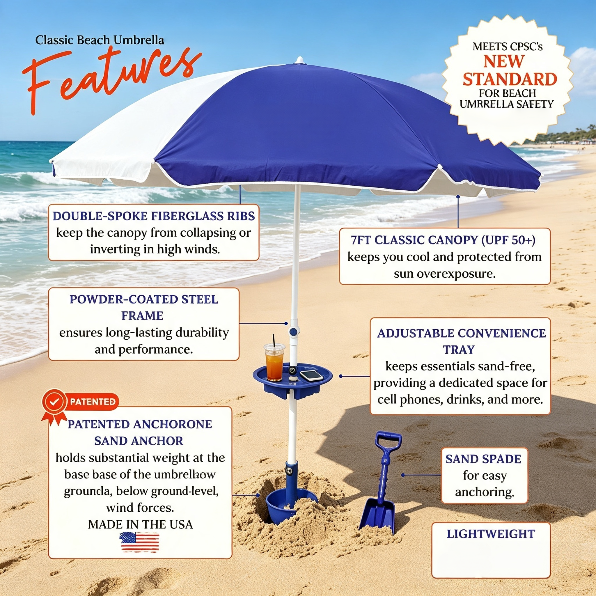 Classic Beach Umbrella System – Wind-Resistant with Sand Anchor