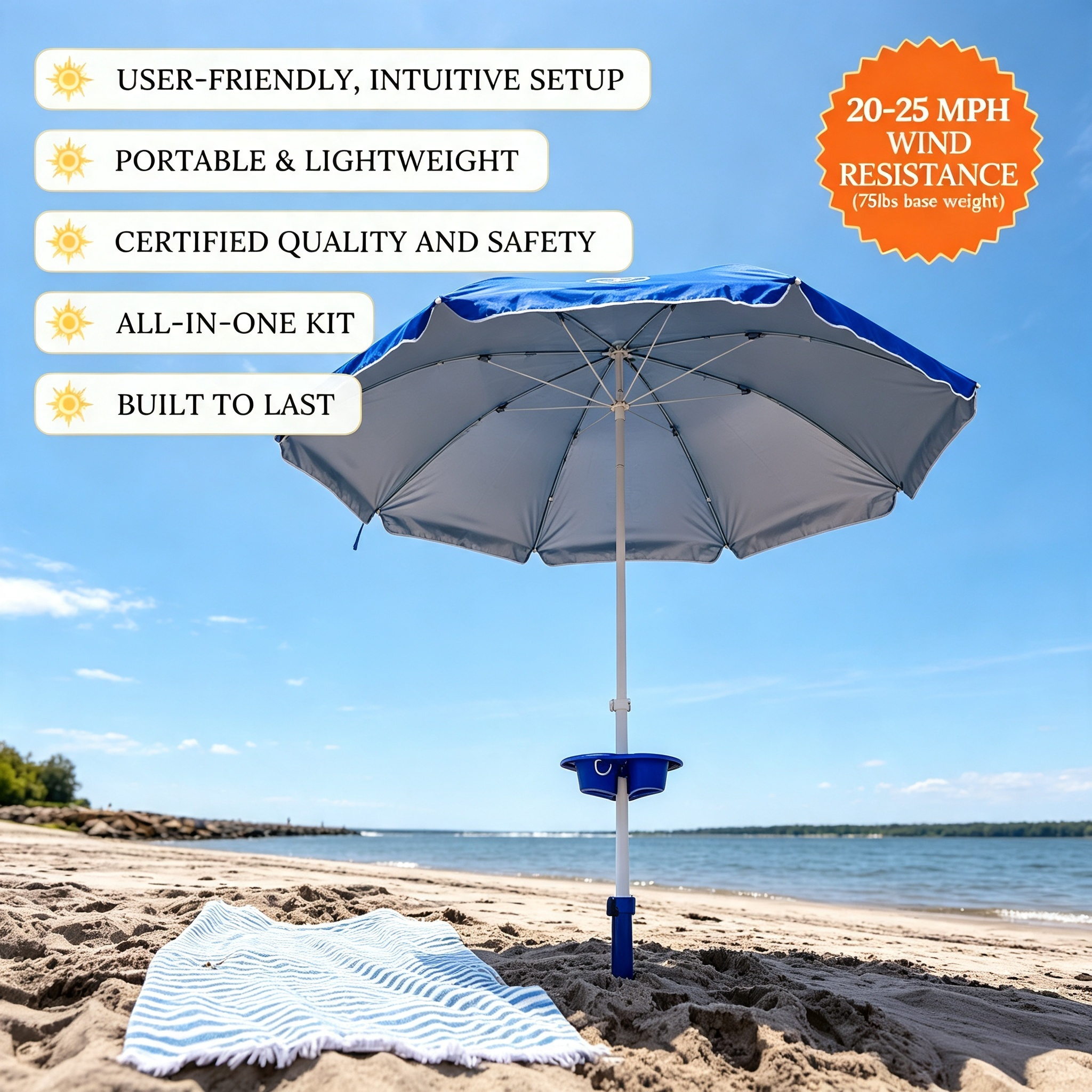 Classic Beach Umbrella System – Wind-Resistant with Sand Anchor
