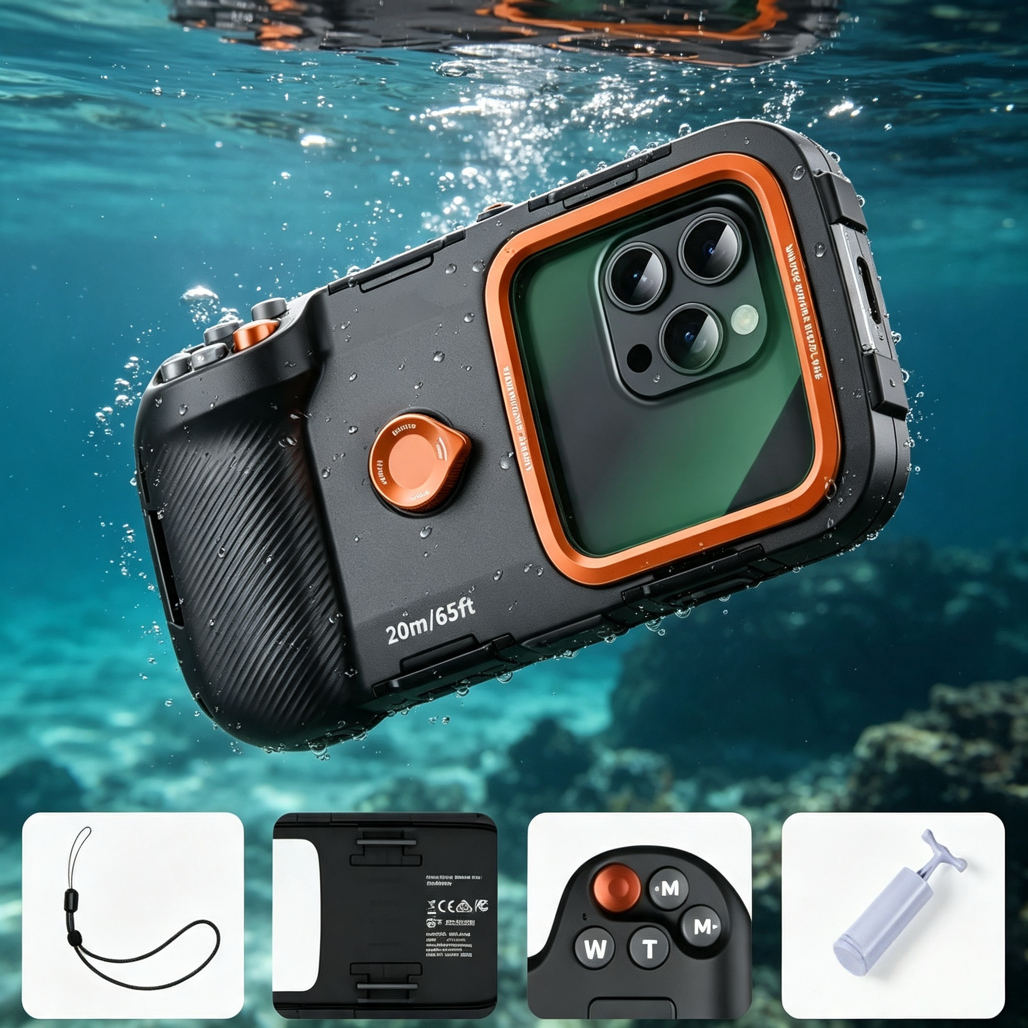 Universal Underwater Phone Case – IP68 to 20m, Bluetooth Shutter Control, Fits 5.4–6.9″ Phones