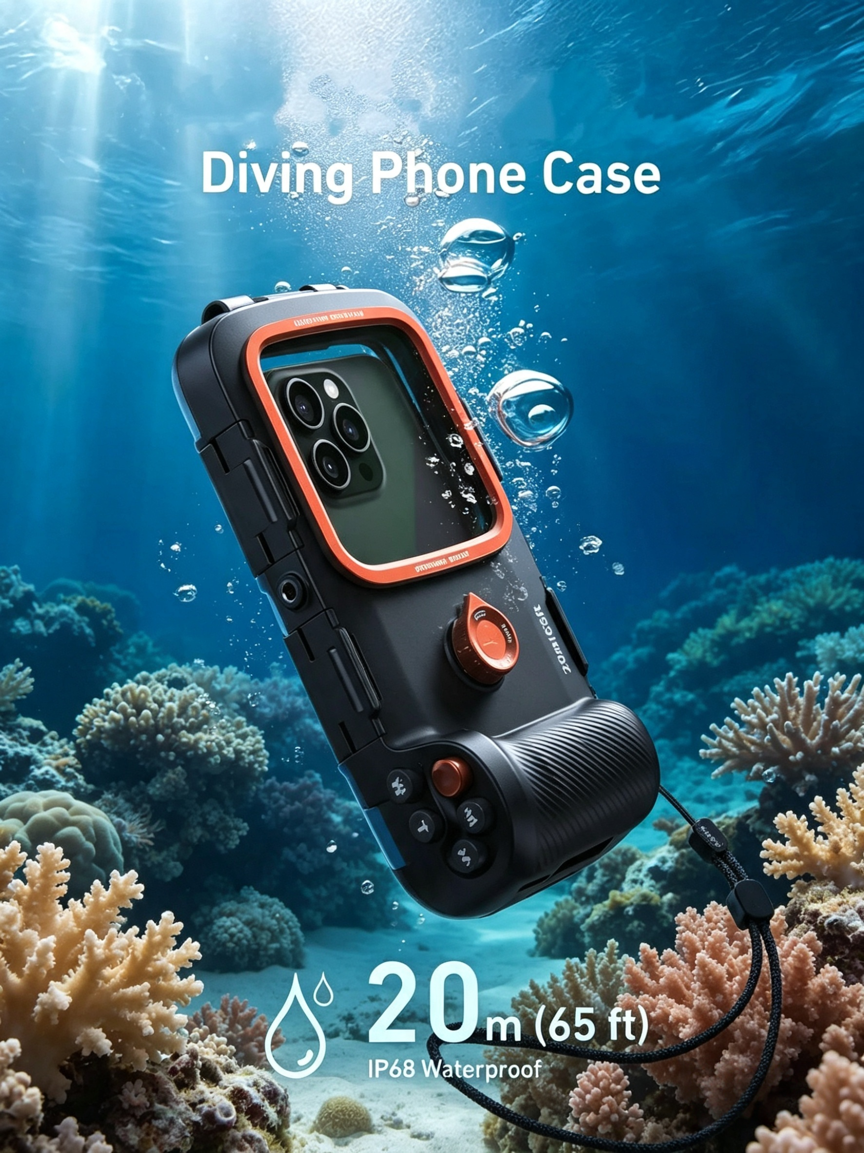 Universal Underwater Phone Case – IP68 to 20m, Bluetooth Shutter Control, Fits 5.4–6.9″ Phones