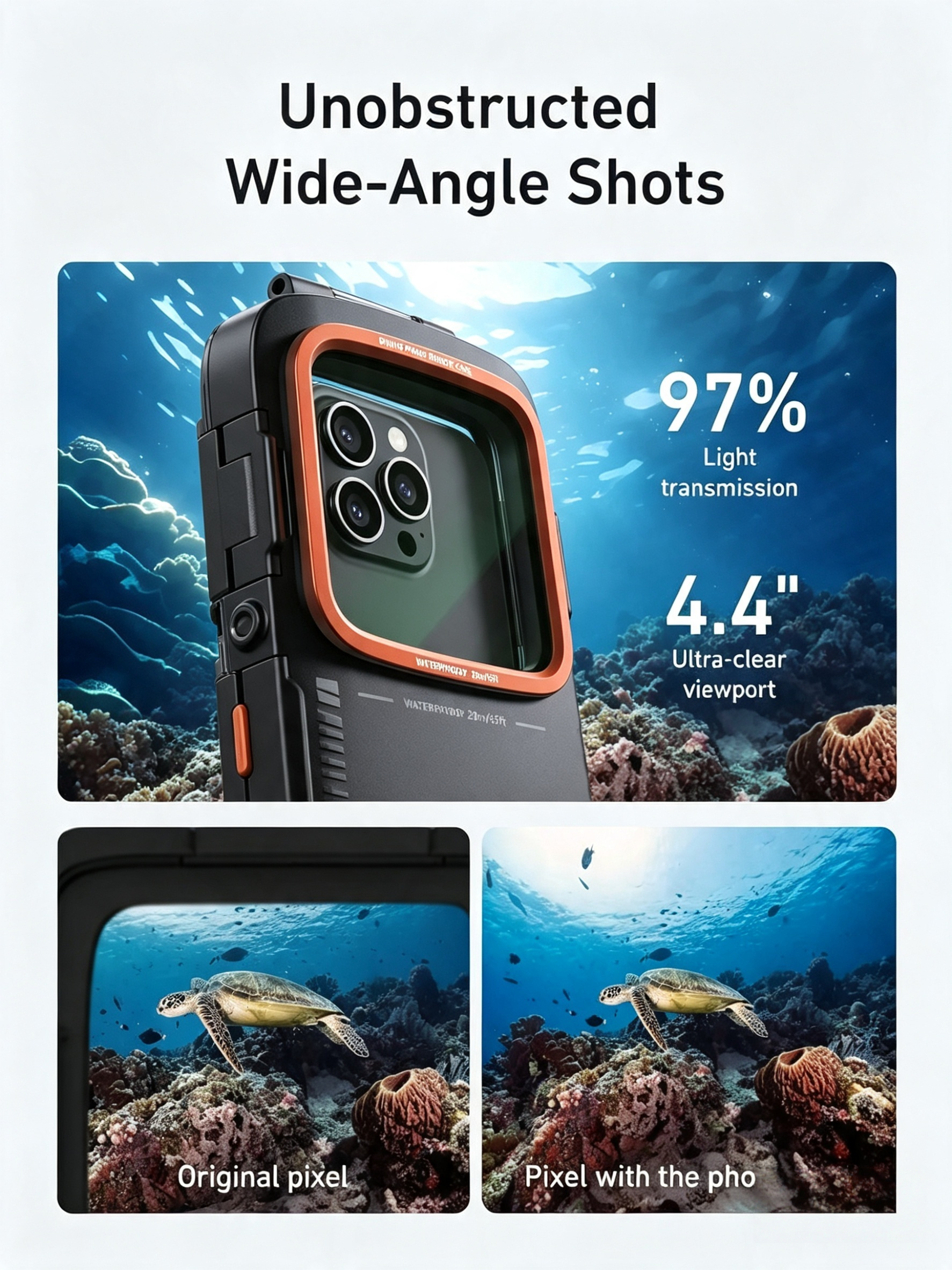Universal Underwater Phone Case – IP68 to 20m, Bluetooth Shutter Control, Fits 5.4–6.9″ Phones