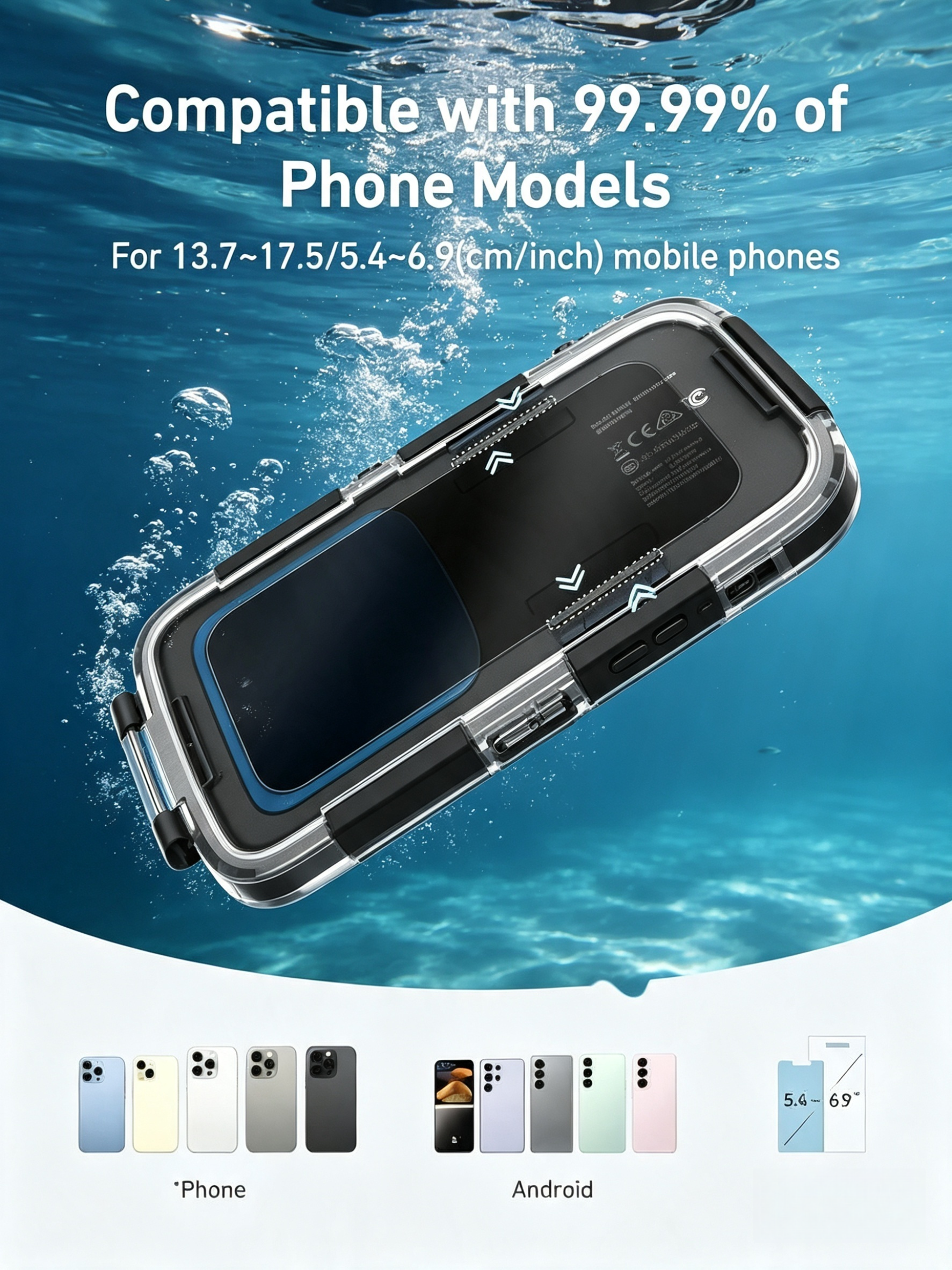 Universal Underwater Phone Case – IP68 to 20m, Bluetooth Shutter Control, Fits 5.4–6.9″ Phones