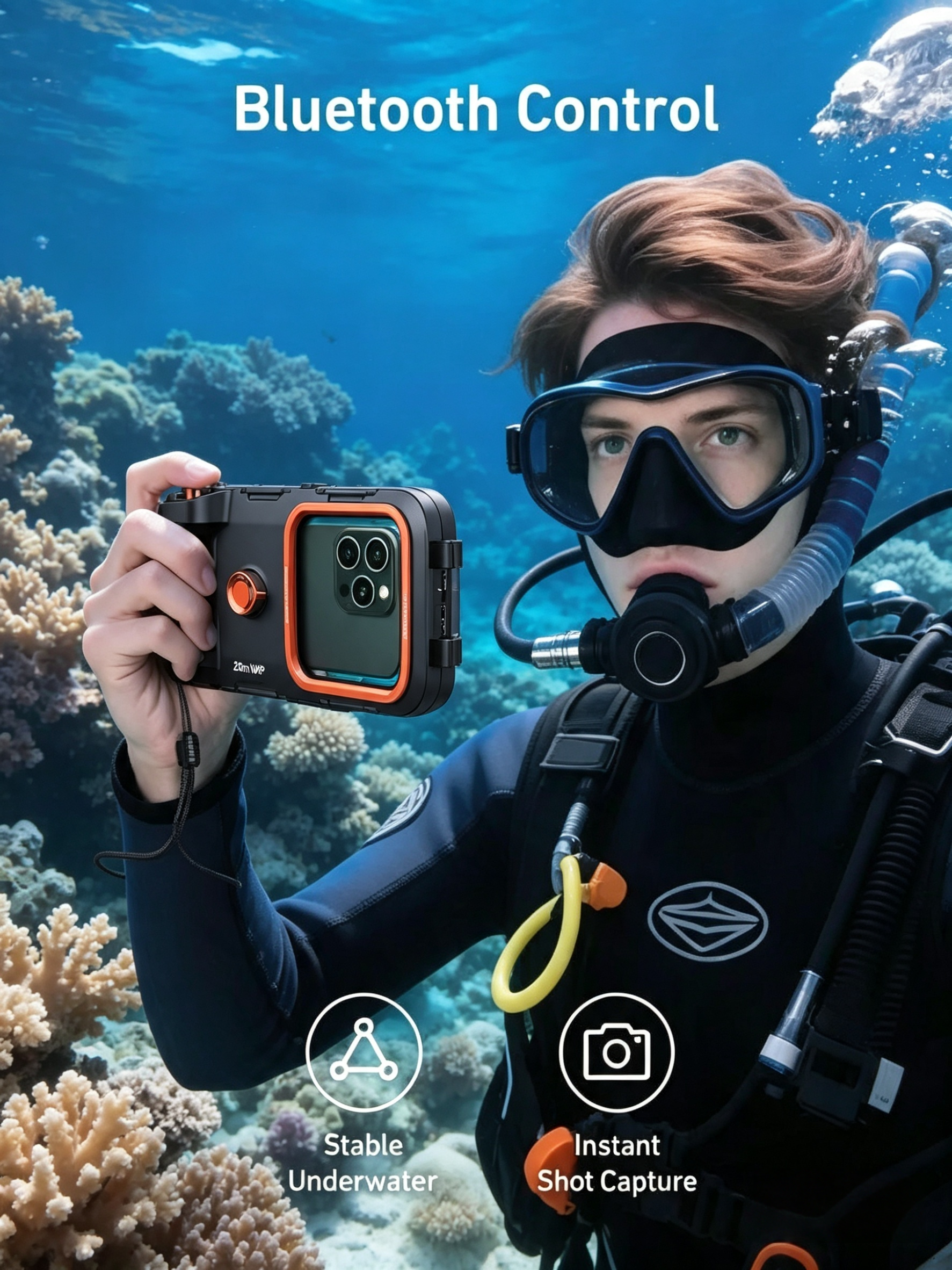 Universal Underwater Phone Case – IP68 to 20m, Bluetooth Shutter Control, Fits 5.4–6.9″ Phones