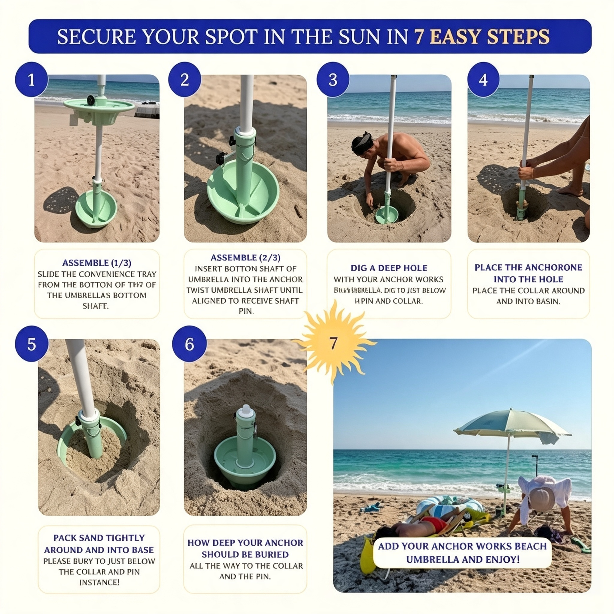Classic Beach Umbrella System – Wind-Resistant with Sand Anchor